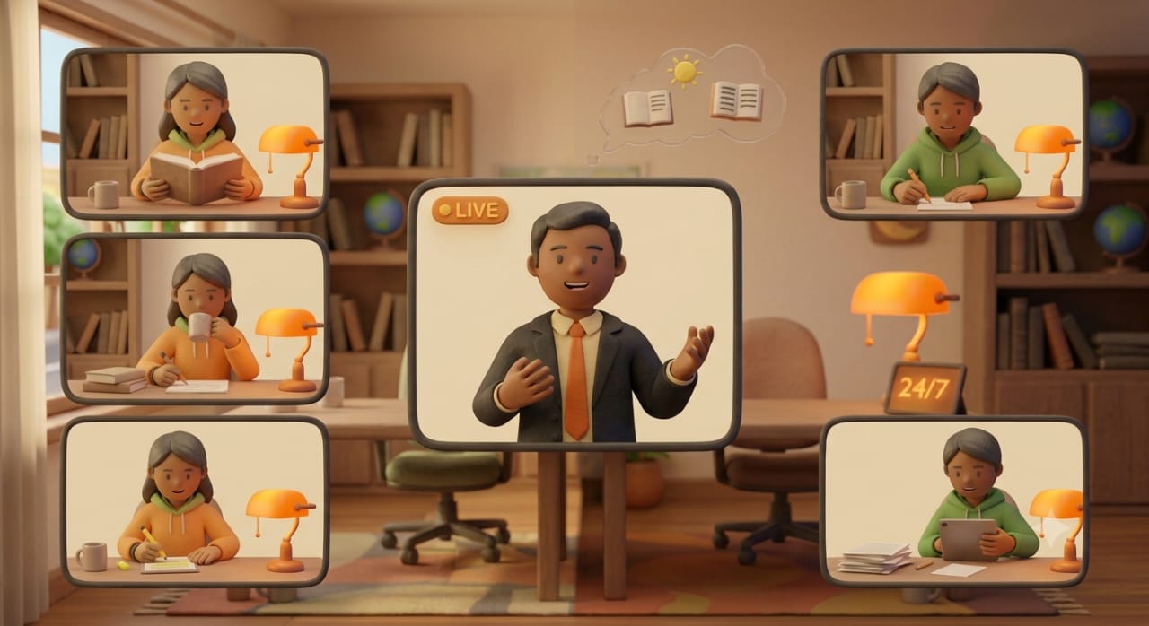 A live mentor on screen, surrounded by students studying at their own desks