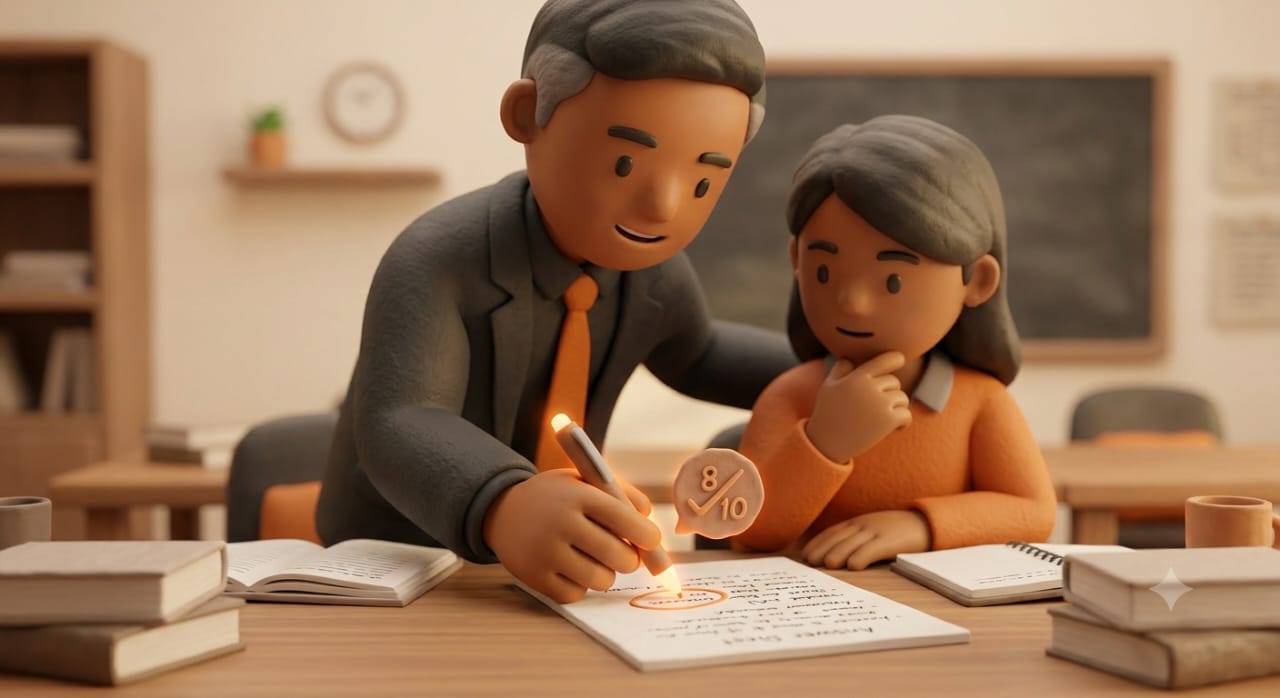 A mentor guiding a student through a marked answer sheet