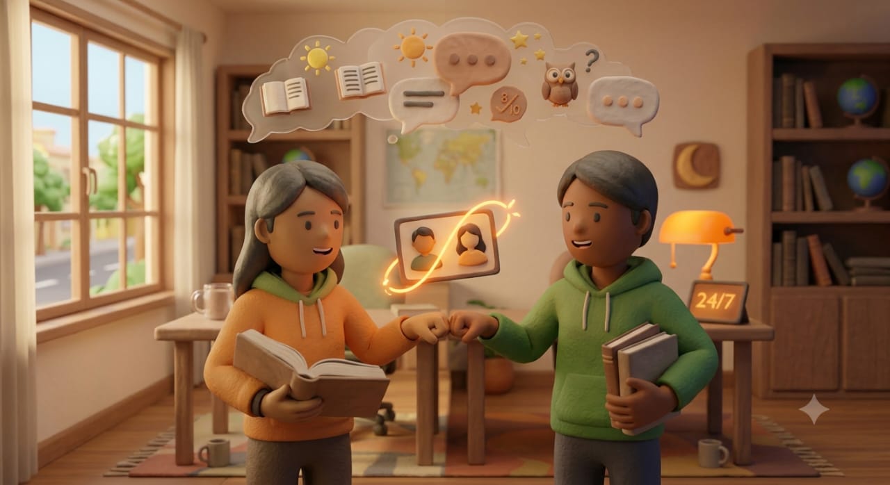 Two students meeting with a fist bump beside a 24/7 timer