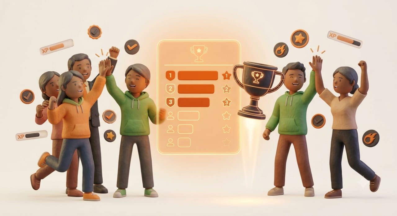 A group of students celebrating around a glowing leaderboard and a trophy